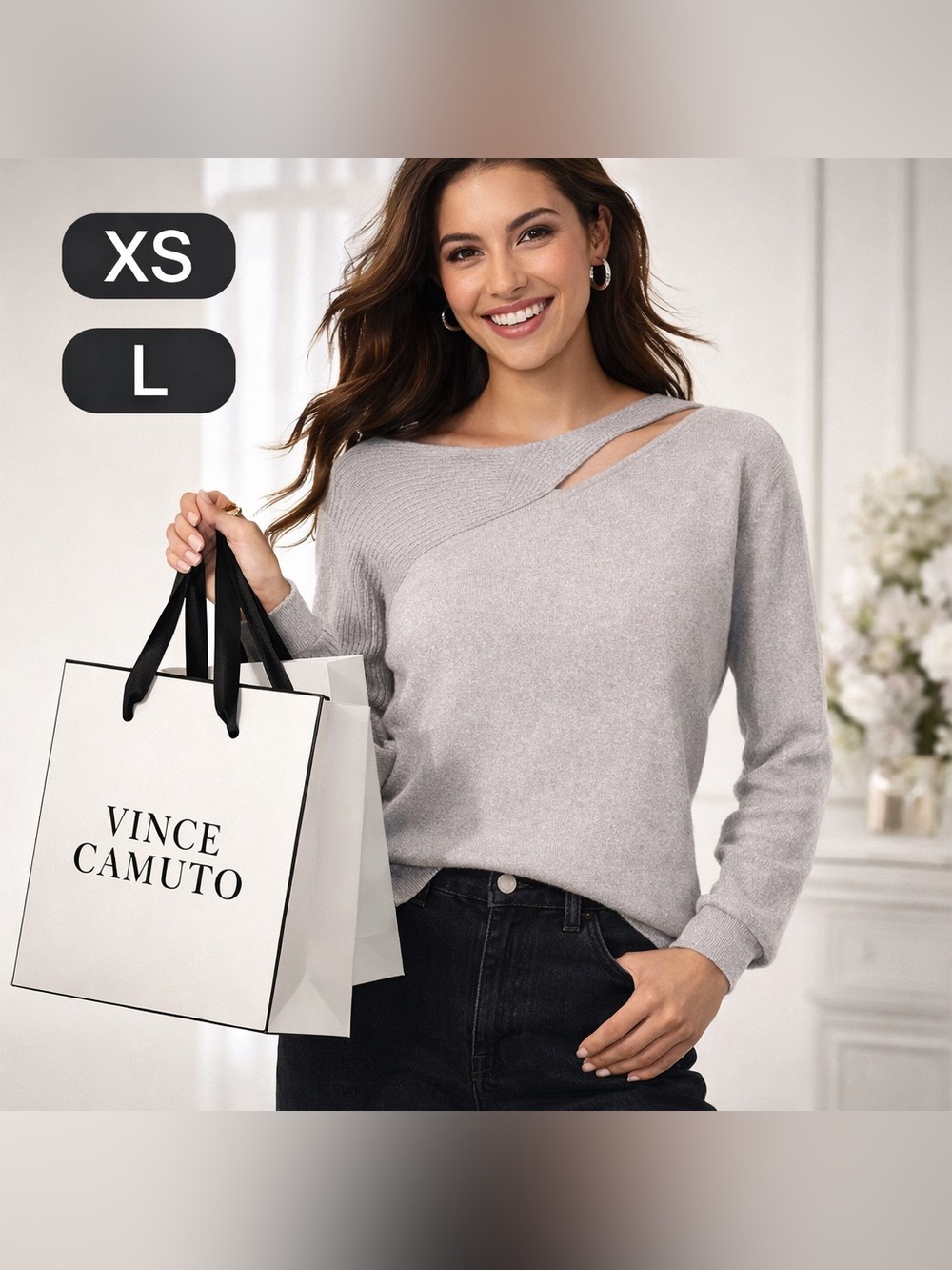 Vince Camuto Light Gray Off-Shoulder Cutout Knit Sweater